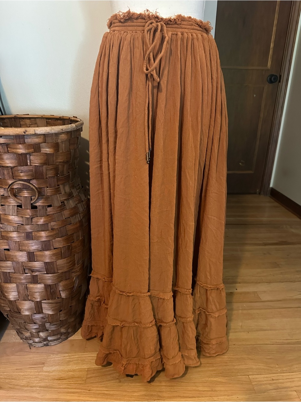 Free people burnt orange/ Brown maxi skirt with ruffles and tie waist